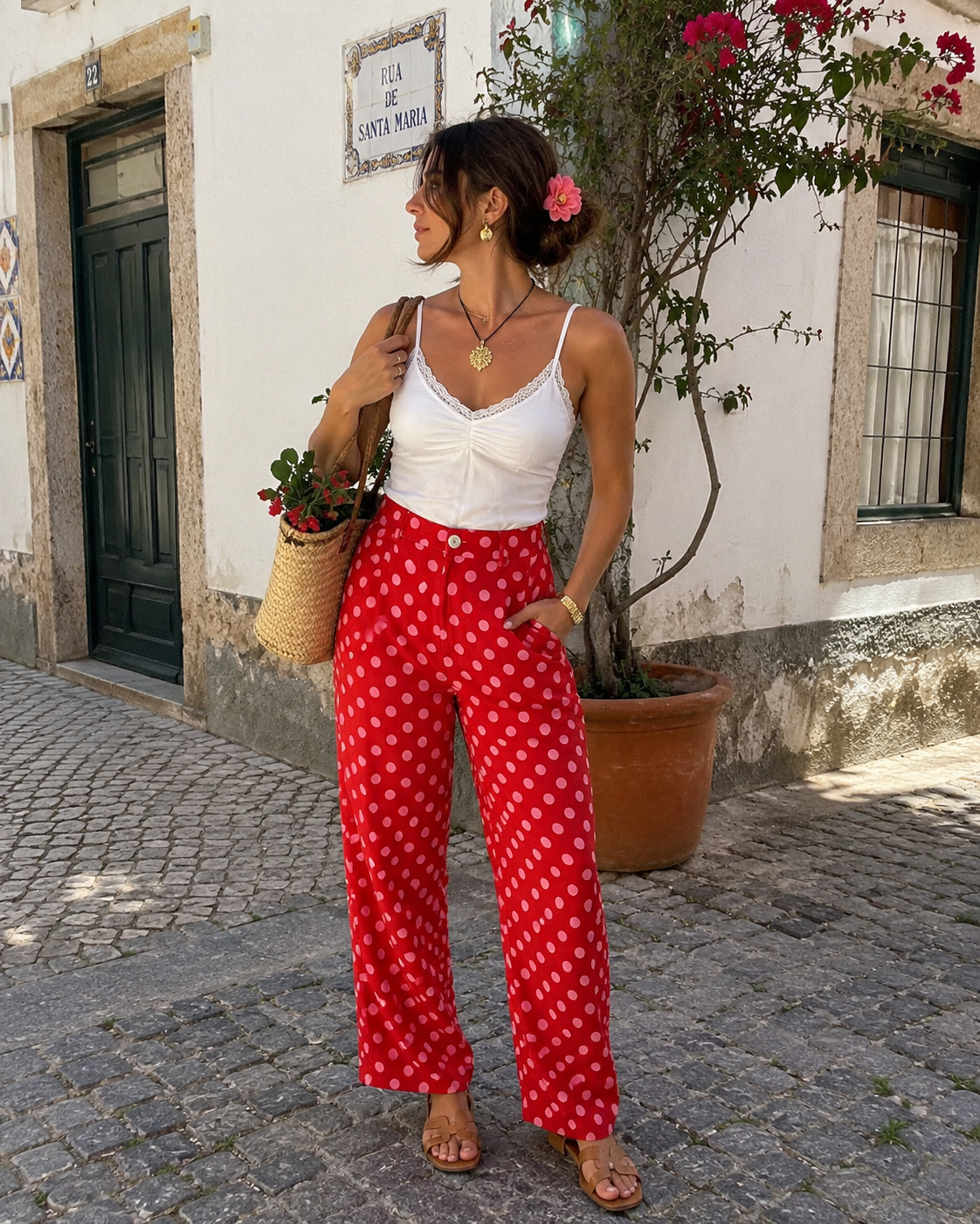 Calças bolinhas vermelho/rosa
